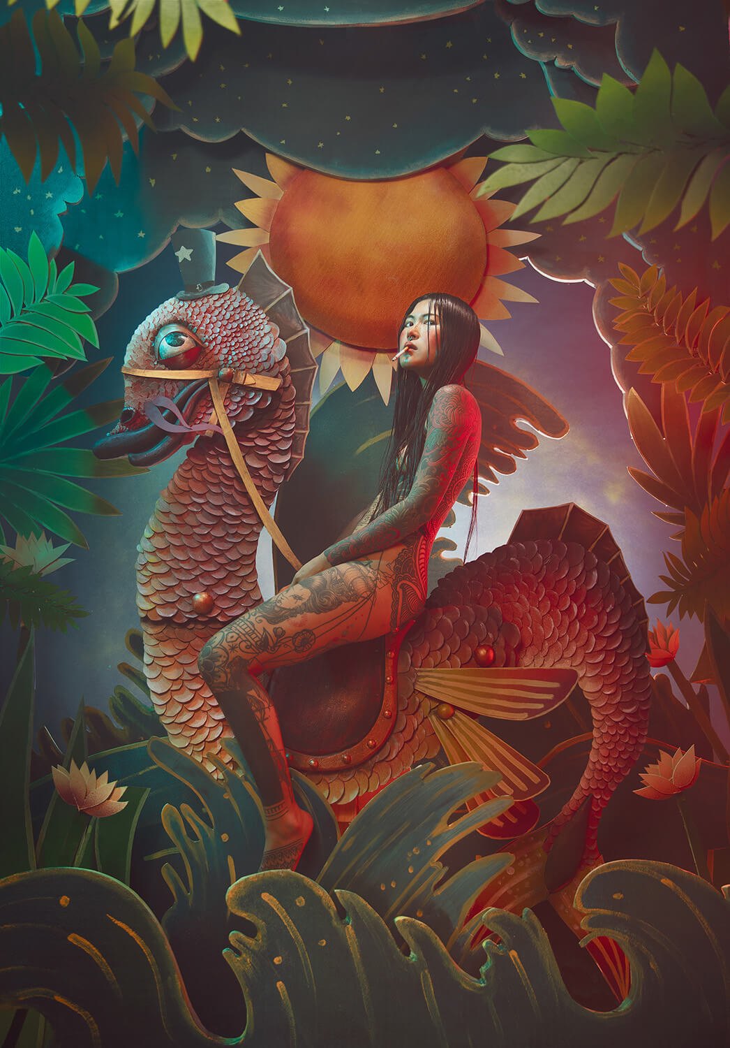 Opera Mundi : une femme tatouée, cigarette aux lèvres, chevauche un poisson géant à écailles sous un soleil de papier, parmi des vagues et des feuillages découpés.